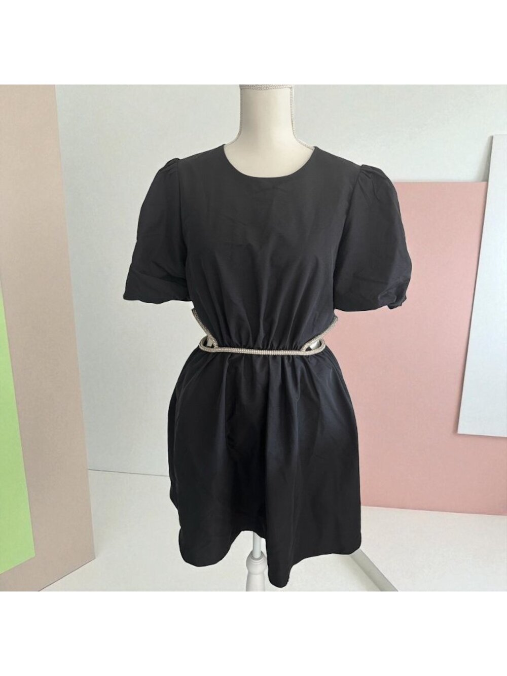 WAYF Black Jeweled Cutout Puff Sleeve Dress Size M